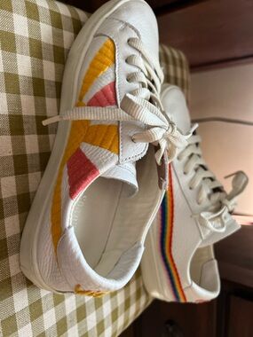 Soludos White Sneakers with Rainbow Stripe and Pink & Yellow Embroidery